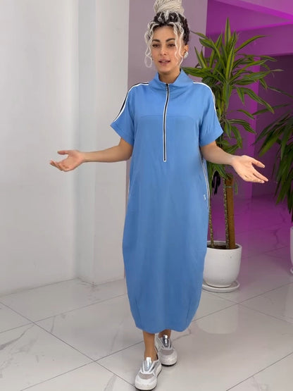 Robe Longue Femme Zippée Col Montant Coupe Fluide Sport Chic