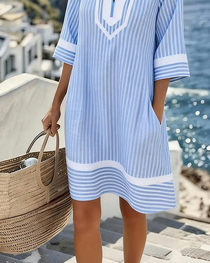 Robe Femme Col en V Manches Courtes Coupe Droite