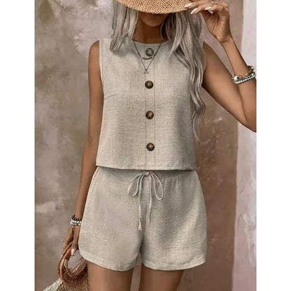 Ensemble Femme Sans Manches Boutonné et Short Ajustable