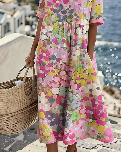 Robe Midi Femme Coton Lin Poches Manches Courtes