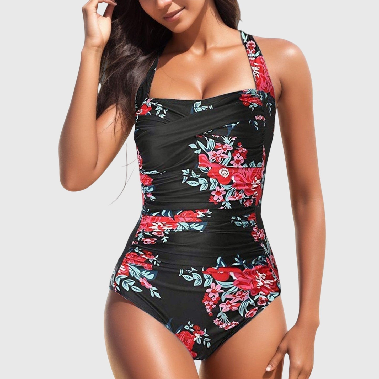 Maillot de bain une pièce Femme Imprimé Tropical Froncé Col Carré