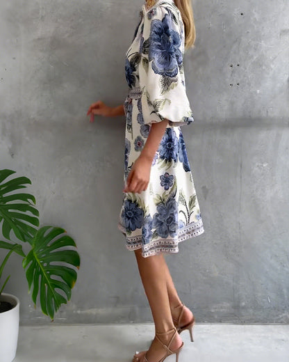 Robe Femme Imprimé Floral Manches Lanternes Boutons