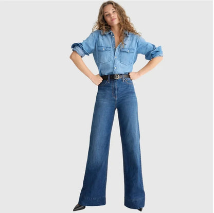 Jean femme taille haute confort et décontracté avec poches