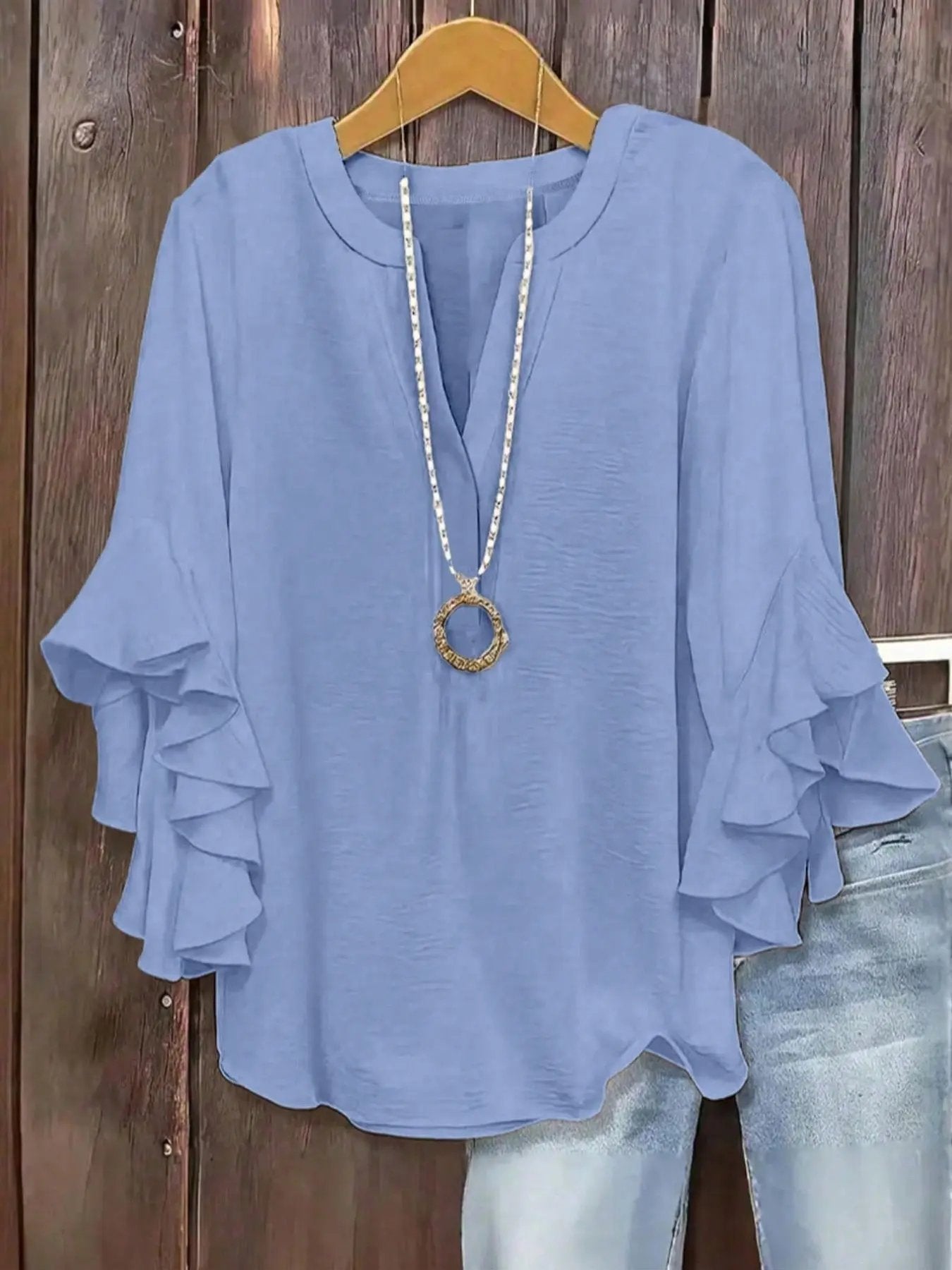 Blouse Femme Manches Volantées Col V Élégant