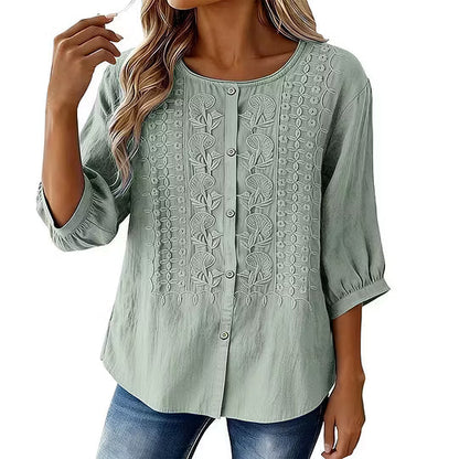 Blouse Femme Coton Lin Brodée Manches Longues