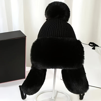 Bonnet Femme Hiver Chaud avec Oreilles Protégées et Pompon Coloré