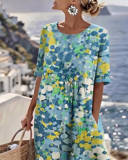 Robe Midi Femme Coton Lin Poches Manches Courtes