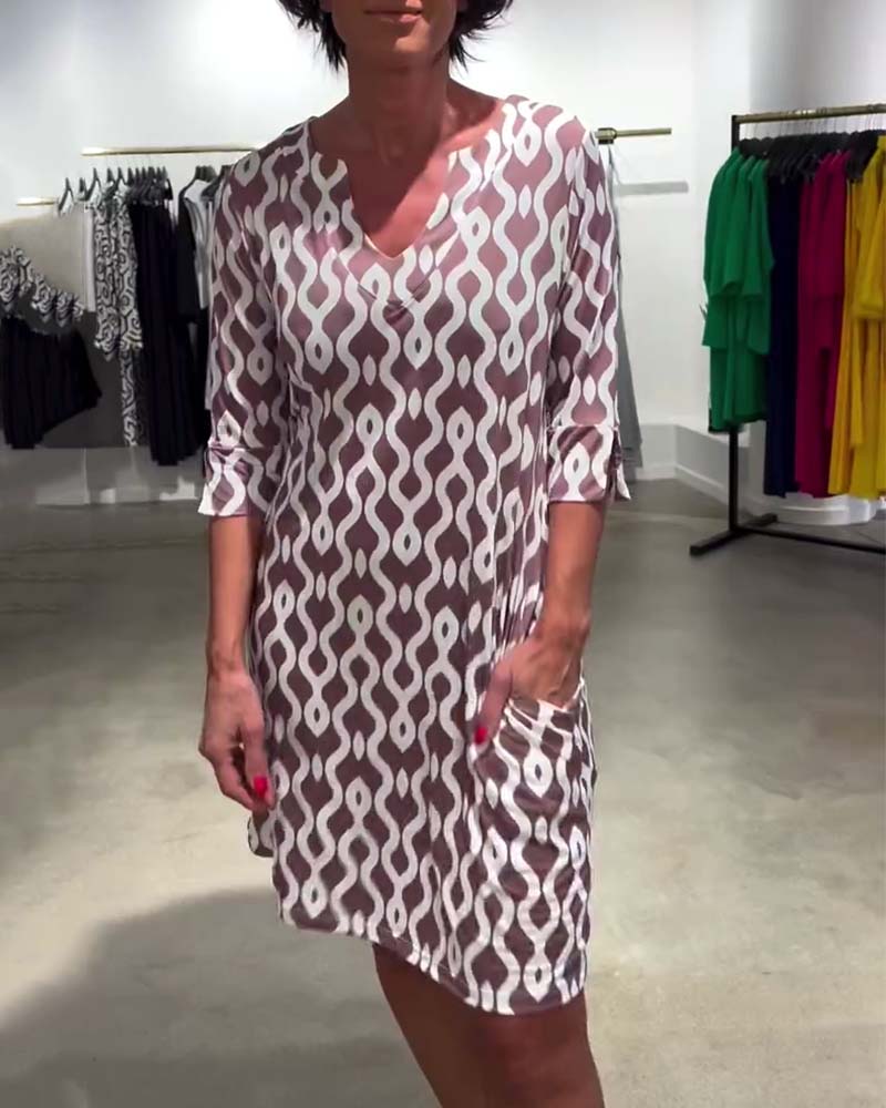 Robe midi Femme Fluide Imprimé Géométrique Col en V Manches Courtes
