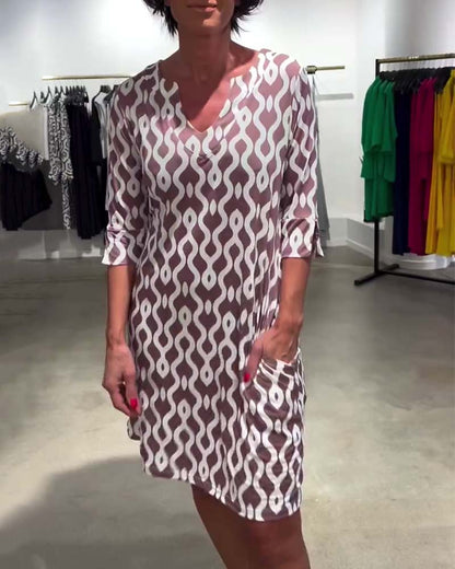 Robe midi Femme Fluide Imprimé Géométrique Col en V Manches Courtes