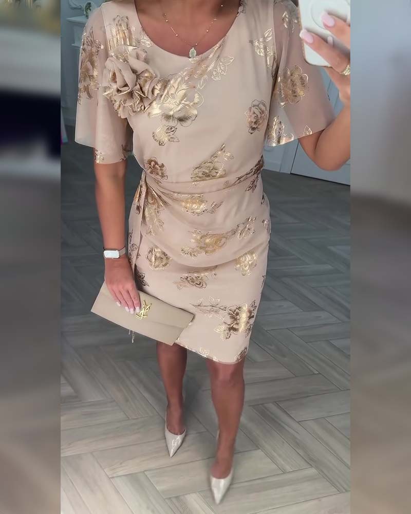 Robe midi Femme Taille Cintrée Manches Courtes en Tissu Imprimé