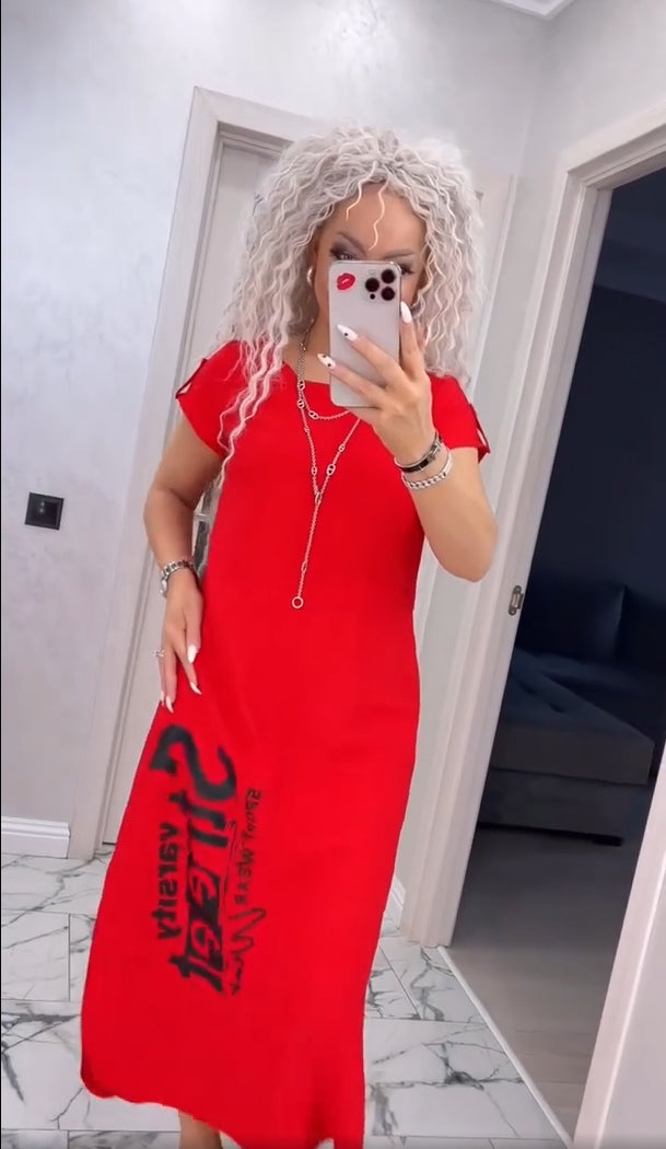 Robe Femme Coupe Ample Col Rond Imprimé Lettres Fente
