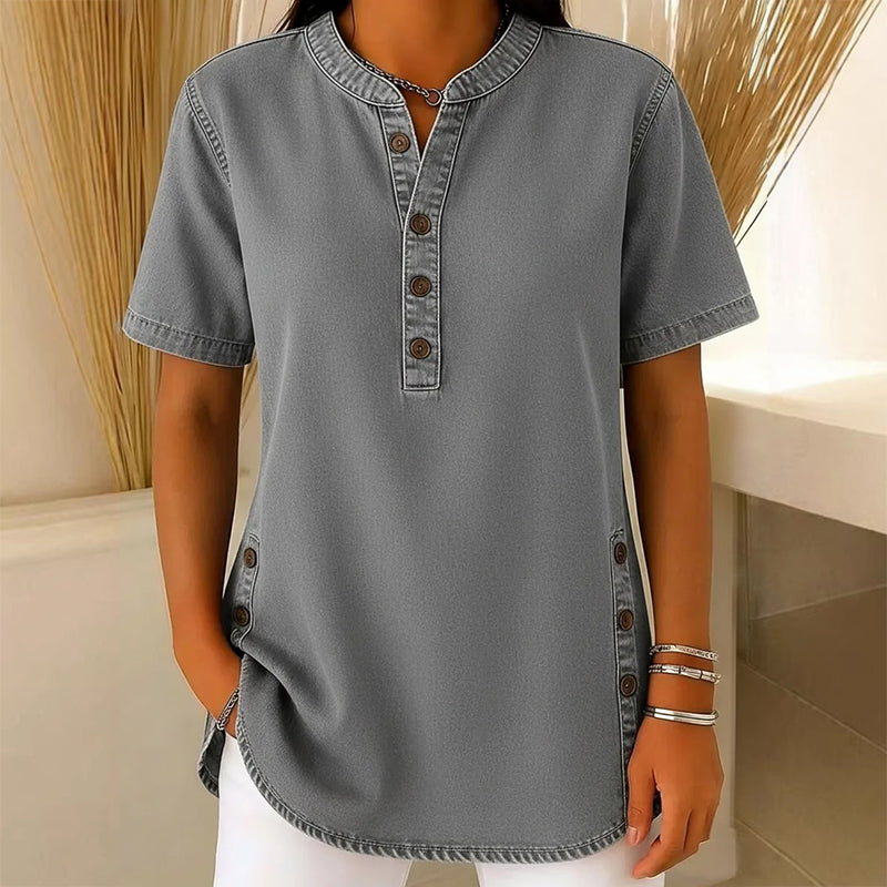 Tunique Femme Denim Léger Manches Courtes Boutons Décoratifs