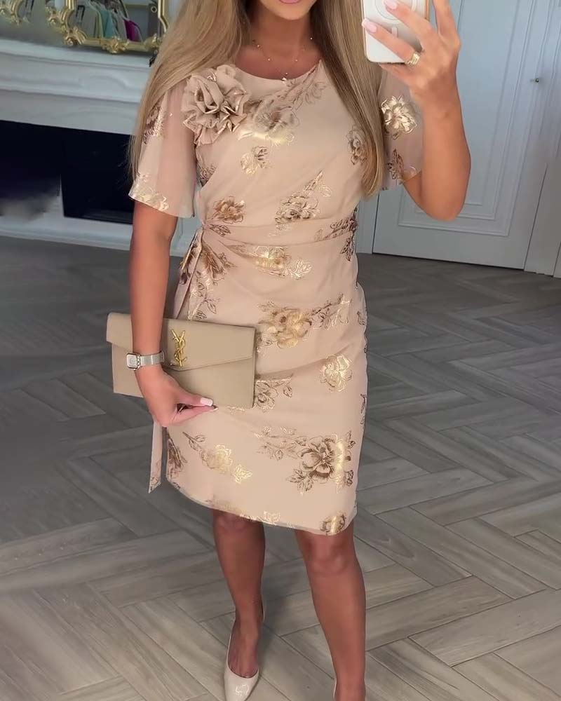 Robe midi Femme Taille Cintrée Manches Courtes en Tissu Imprimé