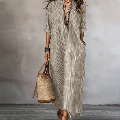 Robe maxi Femme Col en V Manches longues Coupe rayée