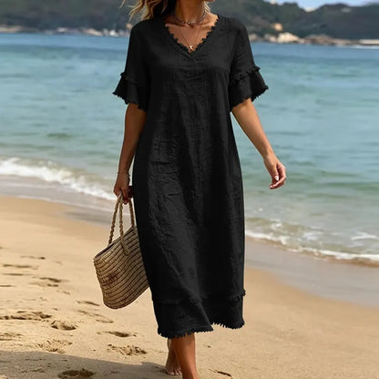 Robe Femme Fluidité Bohème Col en V avec Franges