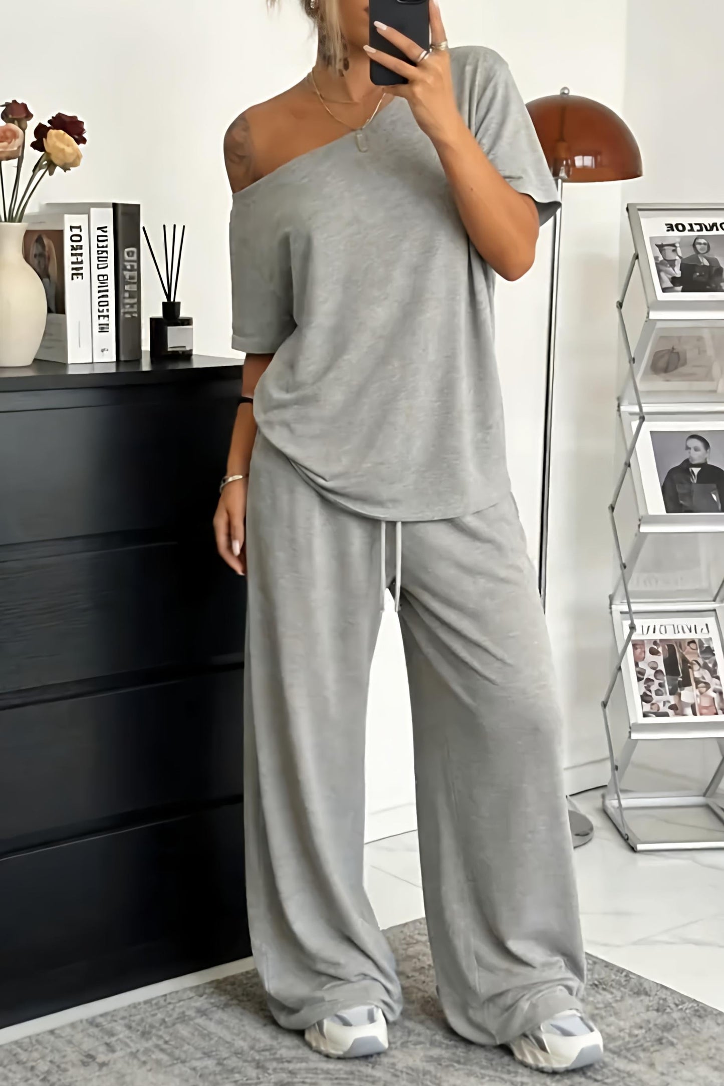 Ensemble Femme Coton Décontracté Épaules Nues Pantalon Large - PanierRoyale