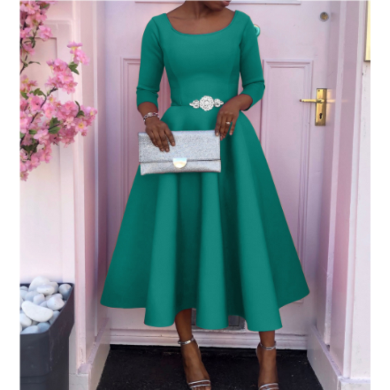 Robe Femme Élégante Mi-Longue Col Rond