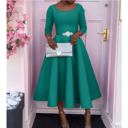 Robe Femme Élégante Mi-Longue Col Rond