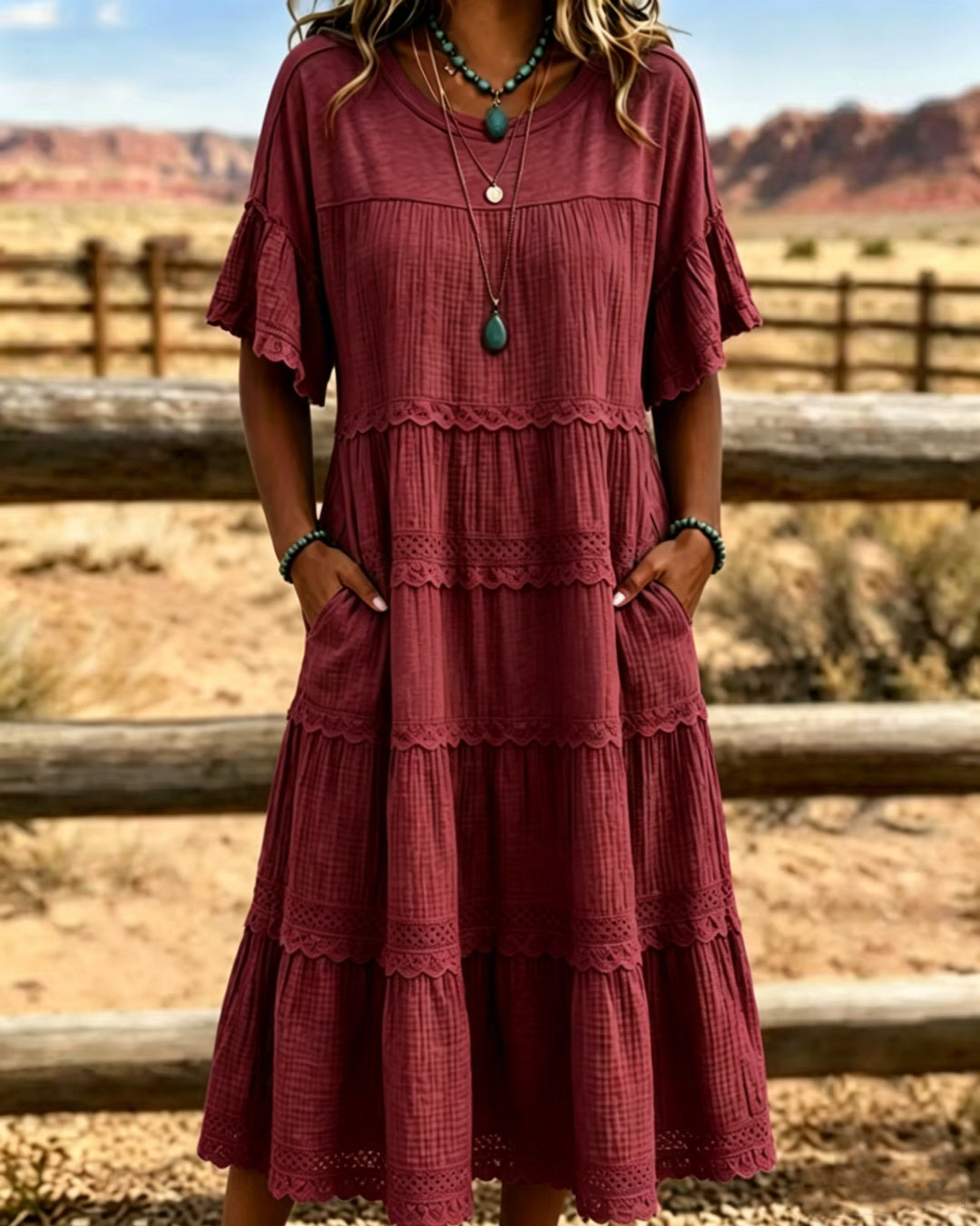 Robe midi Femme Coton Lin Volants Délicats