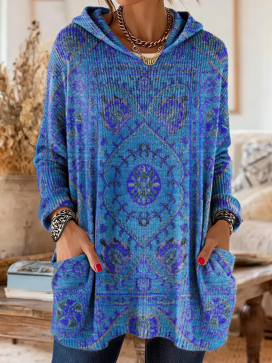 Tunique Femme Tricot Capuche Style Rétro Coupe Ample Poches