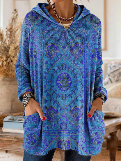 Tunique Femme Tricot Capuche Style Rétro Coupe Ample Poches