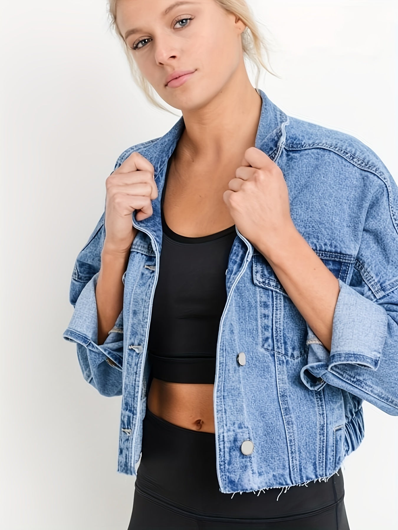 Veste jeans femme bleu ciel avec boutons métal - PanierRoyale