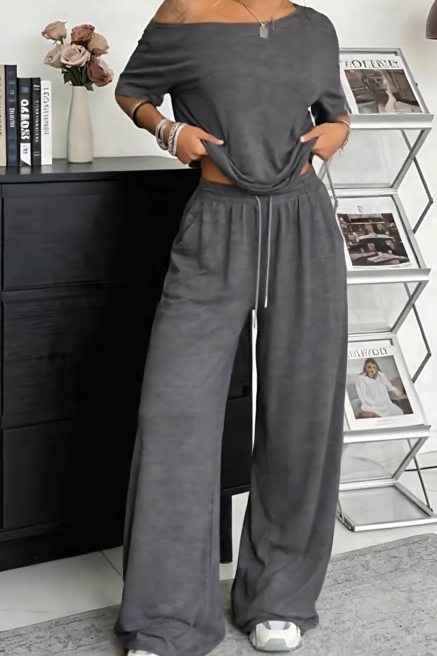 Ensemble Femme Coton Décontracté Épaules Nues Pantalon Large