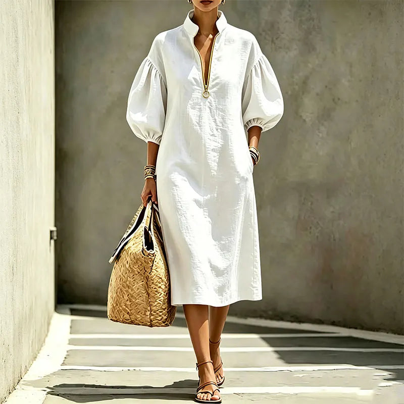 Robe Femme Fluide Manches Bouffantes Col Zippé