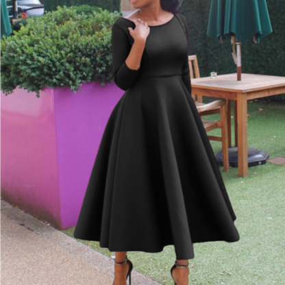 Robe Femme Élégante Mi-Longue Col Rond