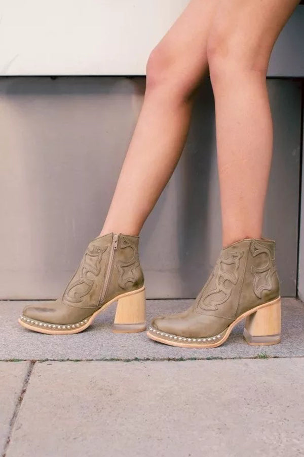Bottines Western Nude à Talons Bloc et Noyer