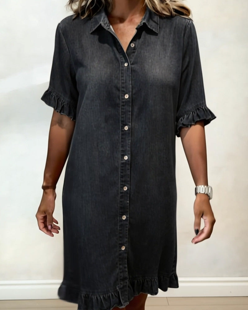 Robe Femme Denim Confortable Boutons et Volants