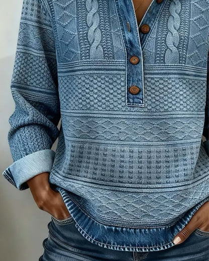 Haut Femme Maille Effet Denim Col Polo Coupe Décontractée