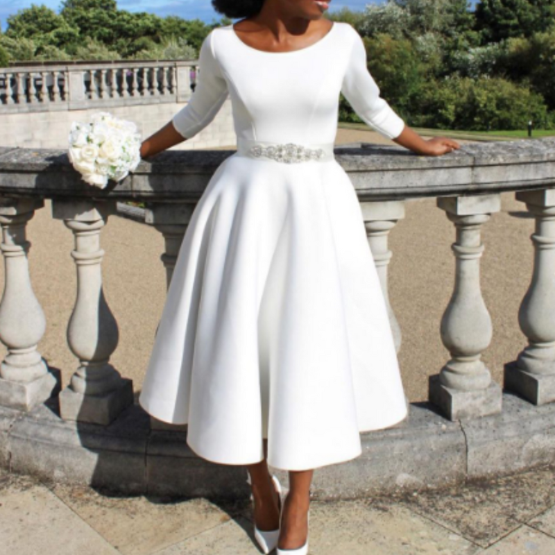 Robe Femme Élégante Mi-Longue Col Rond