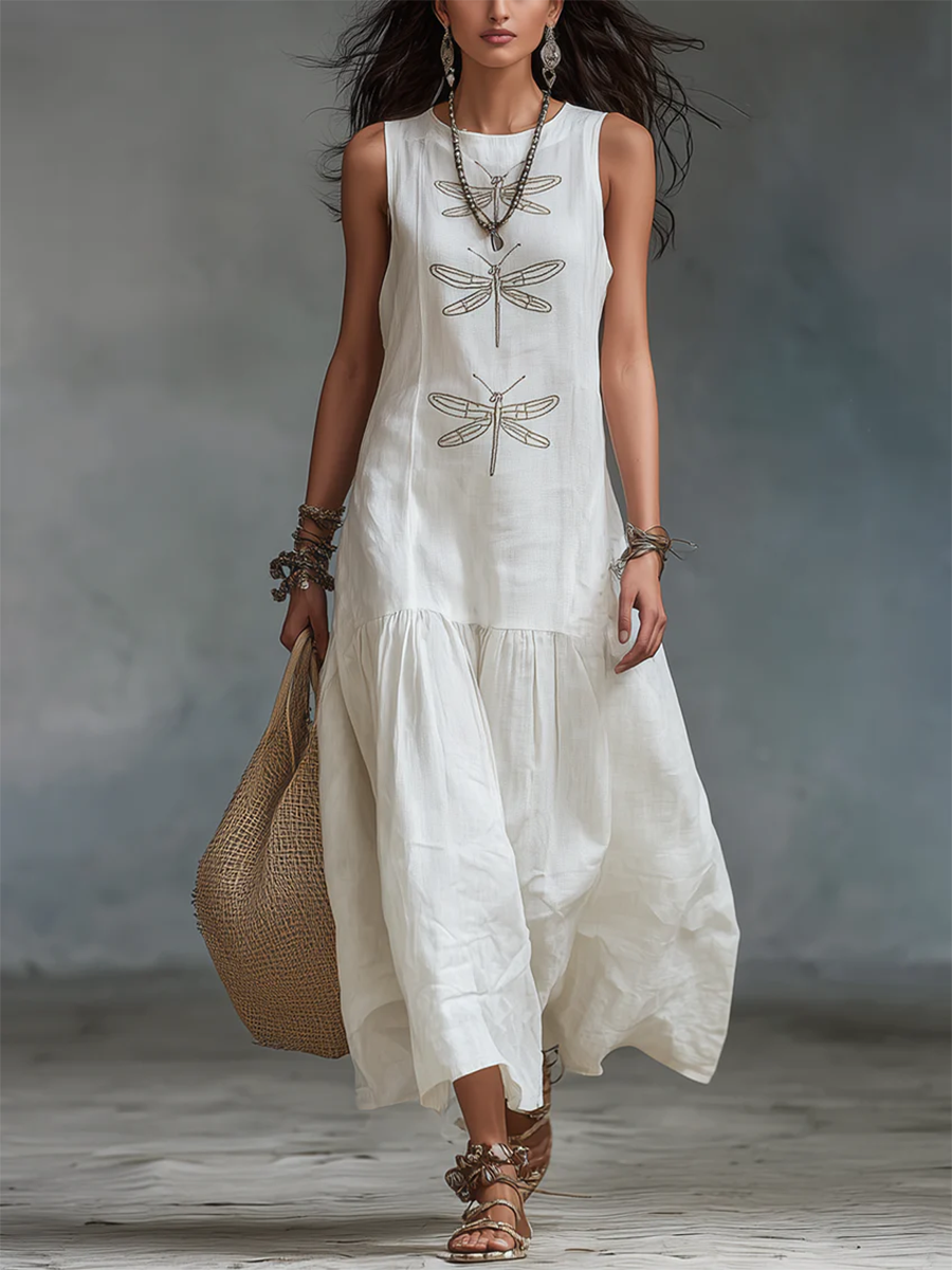 Robe longue Femme Coton Lin Broderie Libellule
