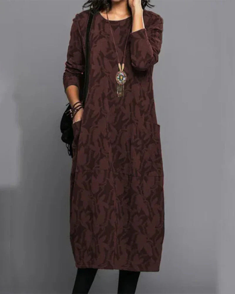 Robe Hiver Femme Chic - Robe Polaire Douillette avec Manches Longues et Imprimé Floral Élégant
