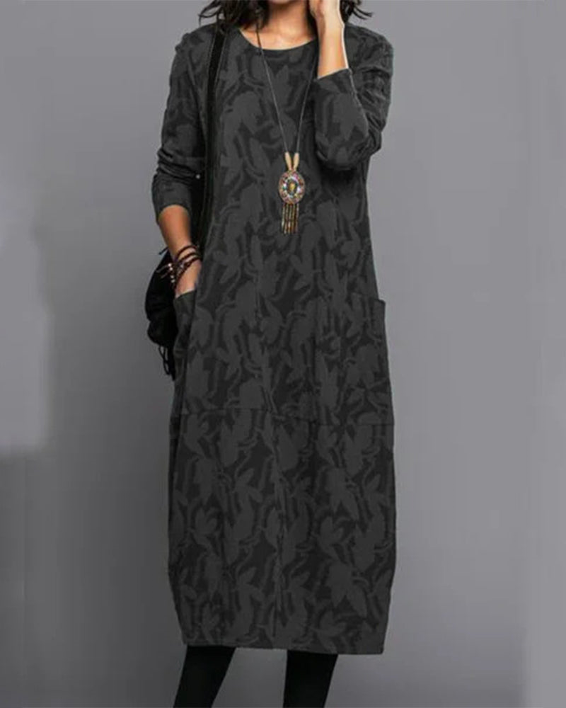 Robe Hiver Femme Chic - Robe Polaire Douillette avec Manches Longues et Imprimé Floral Élégant