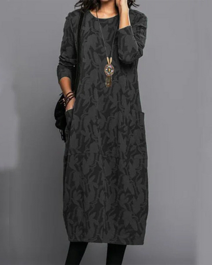 Robe Hiver Femme Chic - Robe Polaire Douillette avec Manches Longues et Imprimé Floral Élégant