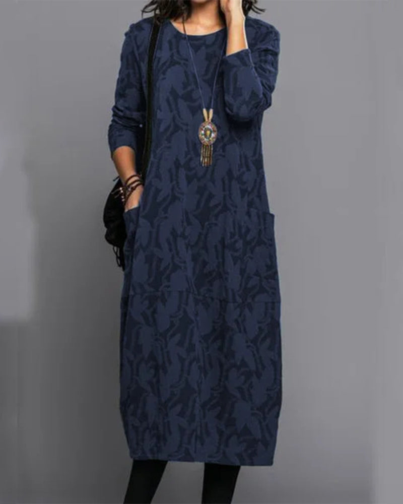 Robe Hiver Femme Chic - Robe Polaire Douillette avec Manches Longues et Imprimé Floral Élégant