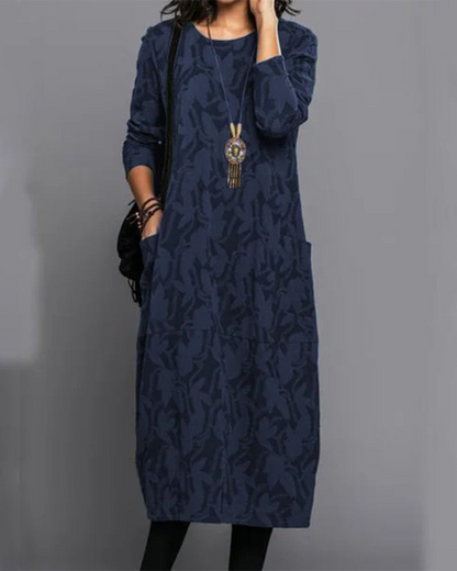 Robe Hiver Femme Chic - Robe Polaire Douillette avec Manches Longues et Imprimé Floral Élégant