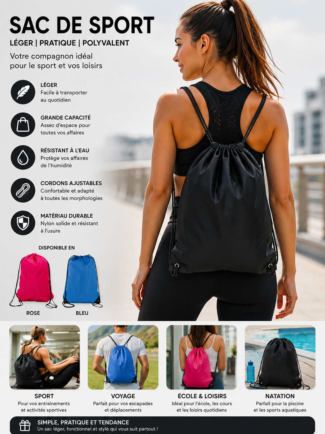 Sac à cordon Unisexe en Polyester Léger Sport et Voyage - PanierRoyale