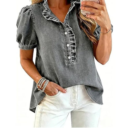 Haut Femme Denim Col Volanté Manches Bouffantes
