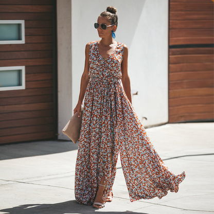Robe Été sans Manches imprimée Fleurs et Fente