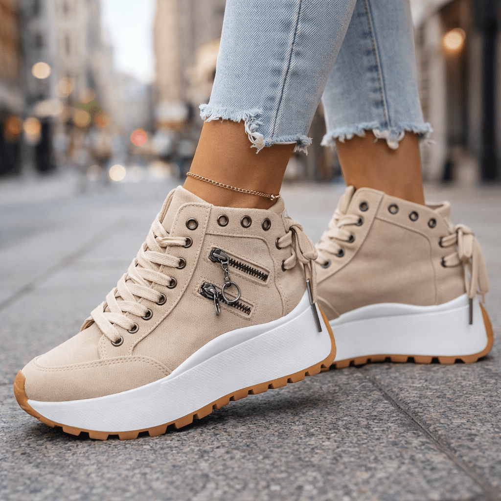 Baskets Femme Denim Plateforme Détails Zippés