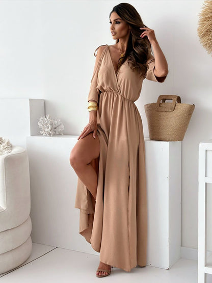 Robe longue Femme Col cache-cœur Épaules dénudées Fente élégante