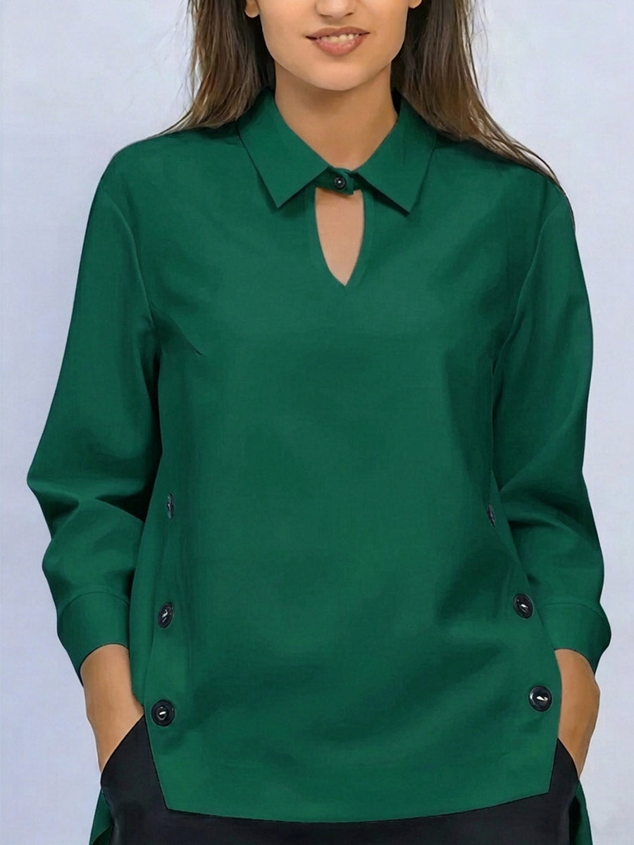 Blouse Femme Coton Col Chemise Manches Longues Coupe Ample