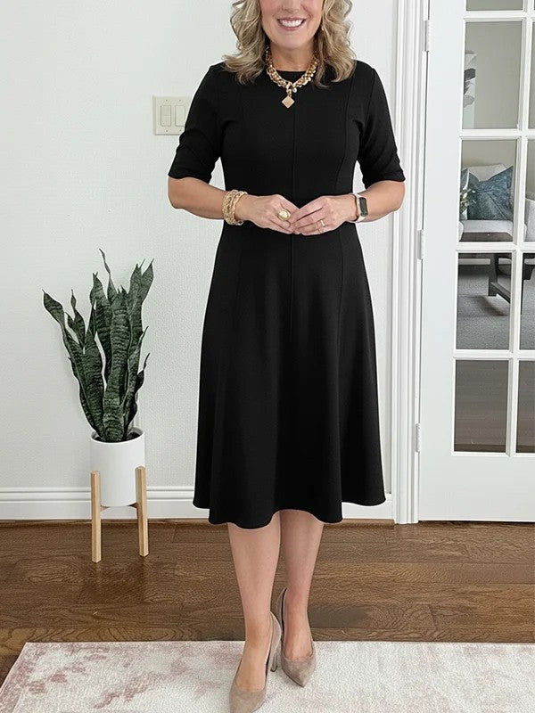 Robe Midi Femme Coupe Évasée Col Rond Manches Courtes