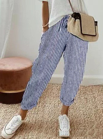Pantalon femme rayé décontracté coton confortable