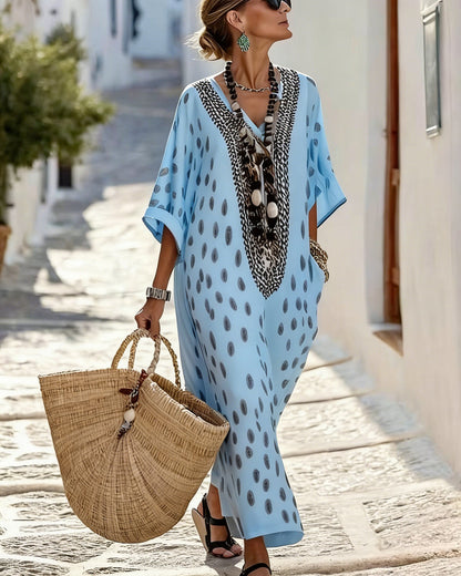 Robe Maxi Femme Fluide Pois Col V Broderie Ethnique