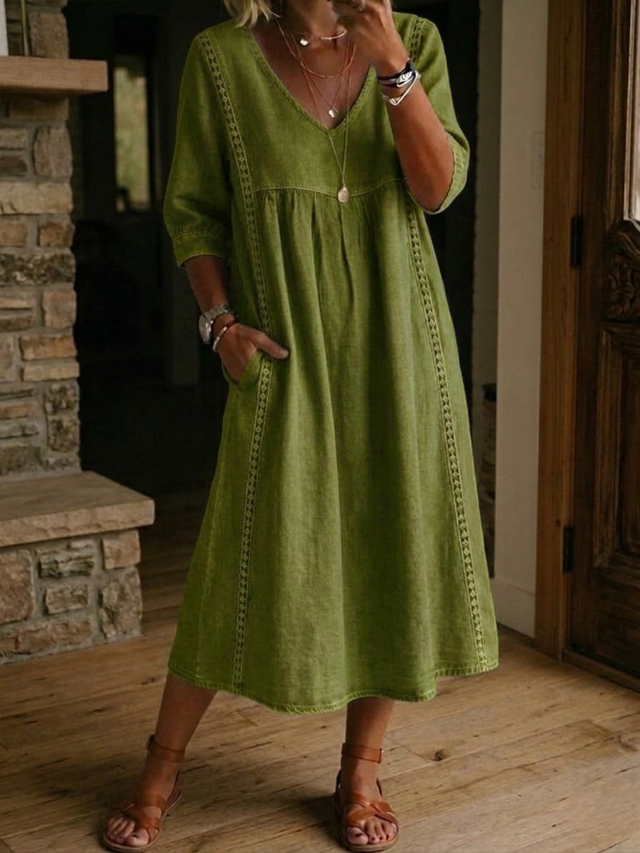 Robe Femme Coton Lin avec Dentelle Col en V