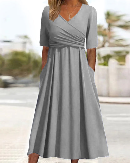 Robe Femme Midi Coton Confortable avec Poches et Col en V